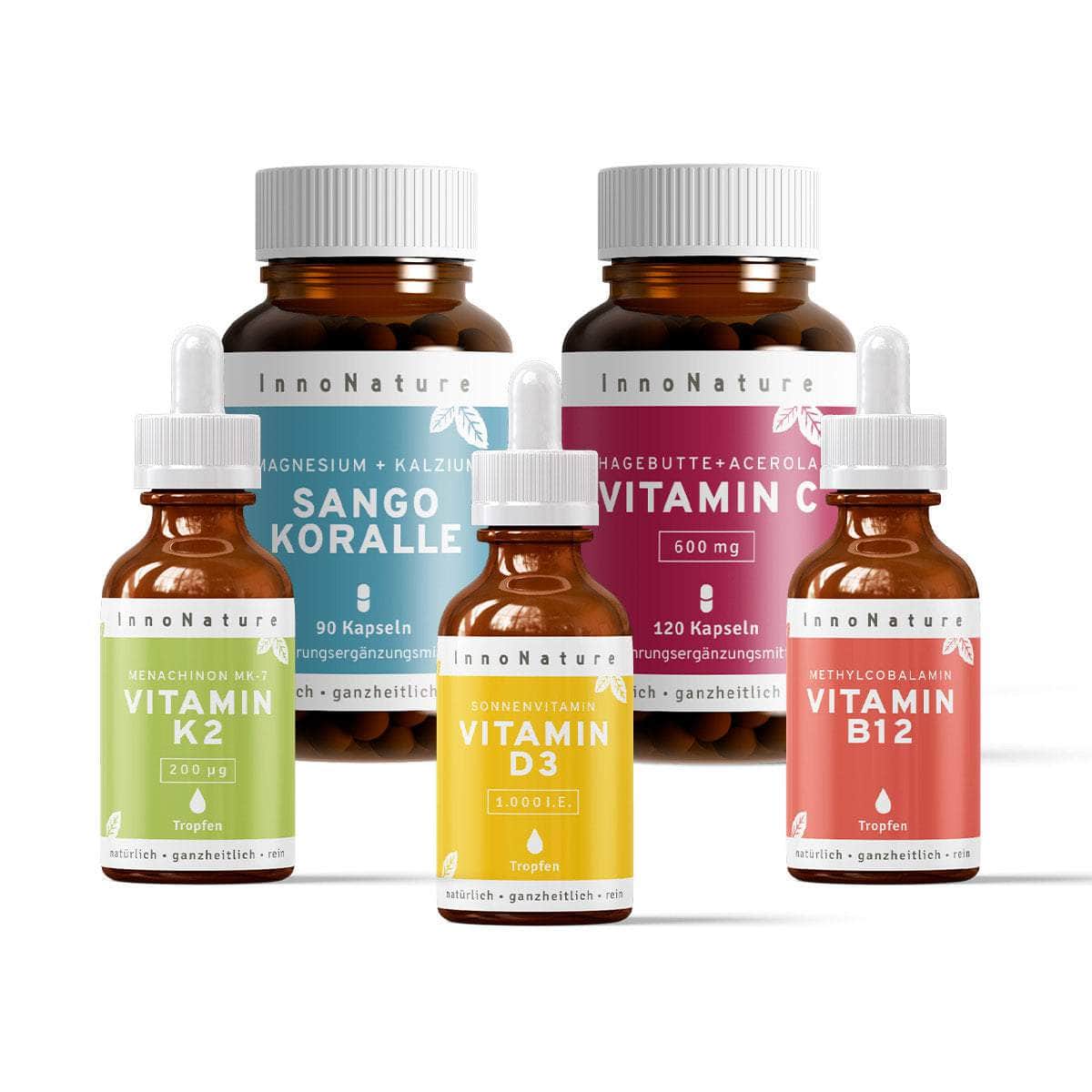InnoNature Pakete 1x Vorrat (1x Vitamin D3, 1x Vitamin K2, 1x Vitamin B12, 1x Sango Koralle, 1x Vitamin C). Immunsystem und Anti-Müdigkeits-Paket