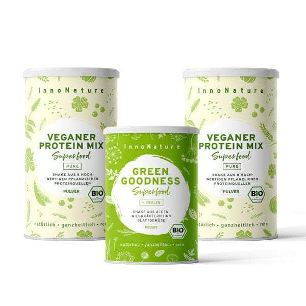 InnoNature Pakete 2x Veganer Protein Mix Pure; 1x Green Goodness mutimbauch-Shake-Paket: Wähle Deine Lieblingskombi