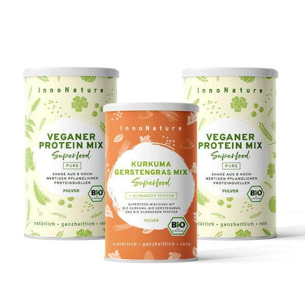 InnoNature Pakete 2x Veganer Protein Mix Pure; 1x Kurkuma Gerstengras mutimbauch-Shake-Paket: Wähle Deine Lieblingskombi
