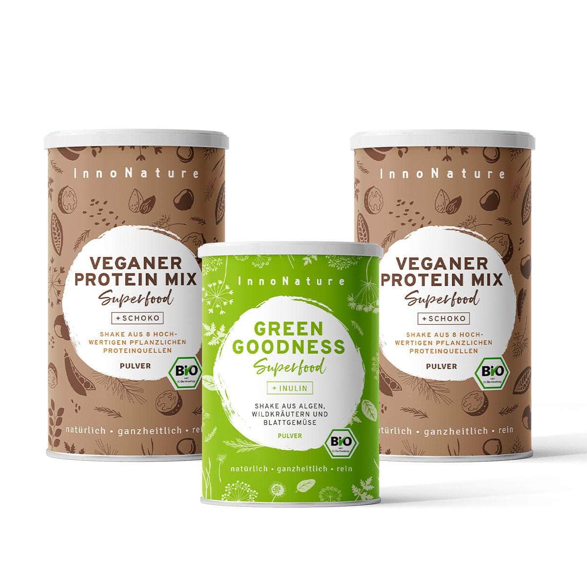 InnoNature Pakete 2x Veganer Protein Mix Schoko; 1x Green Goodness mutimbauch-Shake-Paket: Wähle Deine Lieblingskombi
