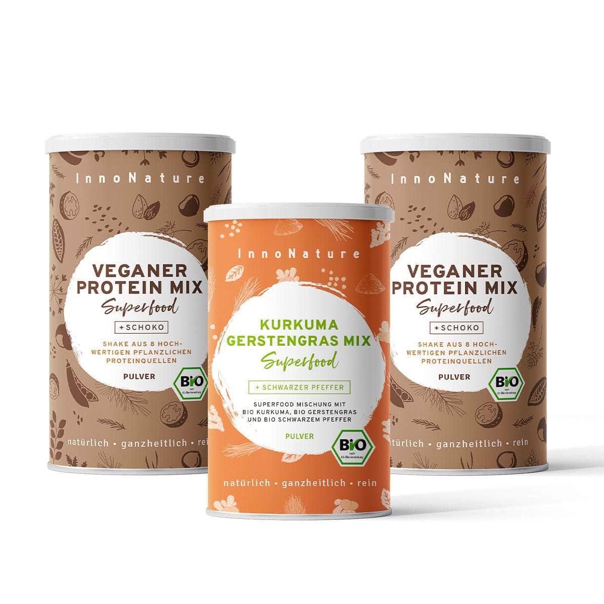 InnoNature Pakete 2x Veganer Protein Mix Schoko; 1x Kurkuma Gerstengras mutimbauch-Shake-Paket: Wähle Deine Lieblingskombi