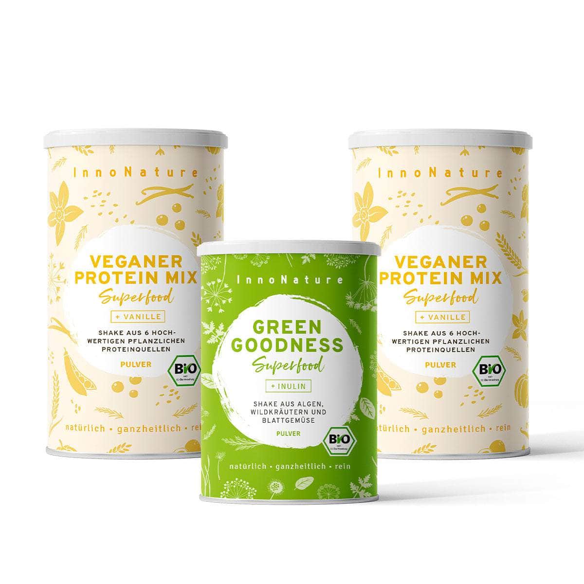 InnoNature Pakete 2x Veganer Protein Mix Vanille; 1x Green Goodness mutimbauch Shake Paket: Wähle Deine Lieblingskombi