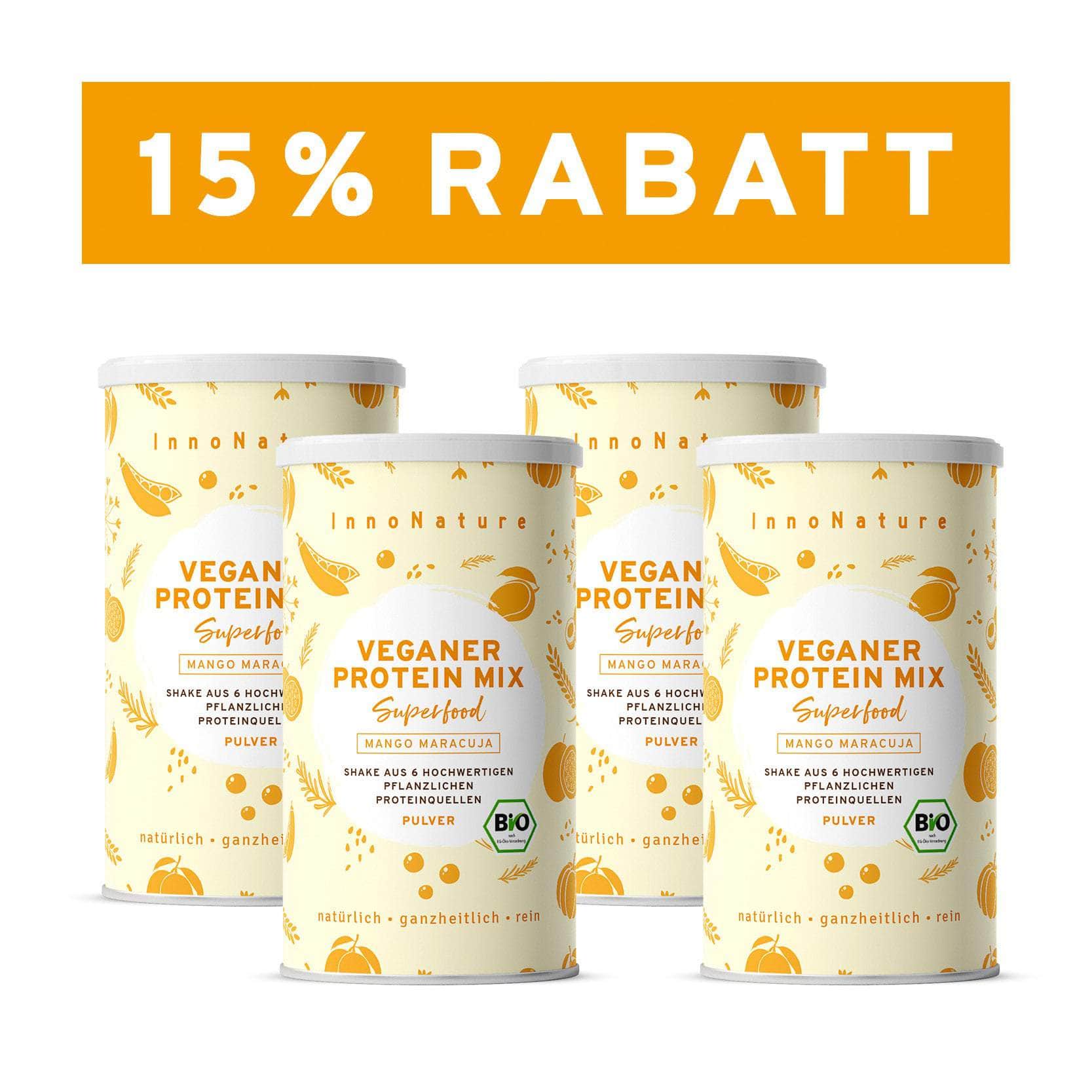InnoNature Pulver 4x 450g (120 Portionen) Bio Veganer Protein Mix Mango Maracuja