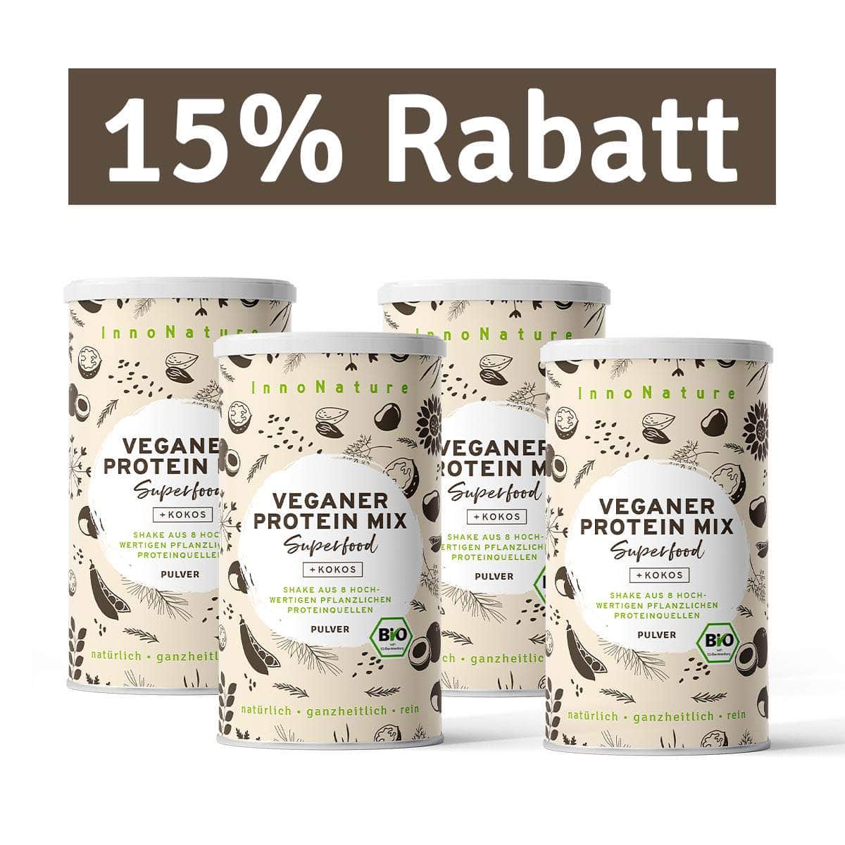 InnoNature Pulver 132 Portionen (4x 500g) Bio Veganer Protein Mix Superfood Shake: Erbse, Reis, Kürbis, Mandel, Chiasamen