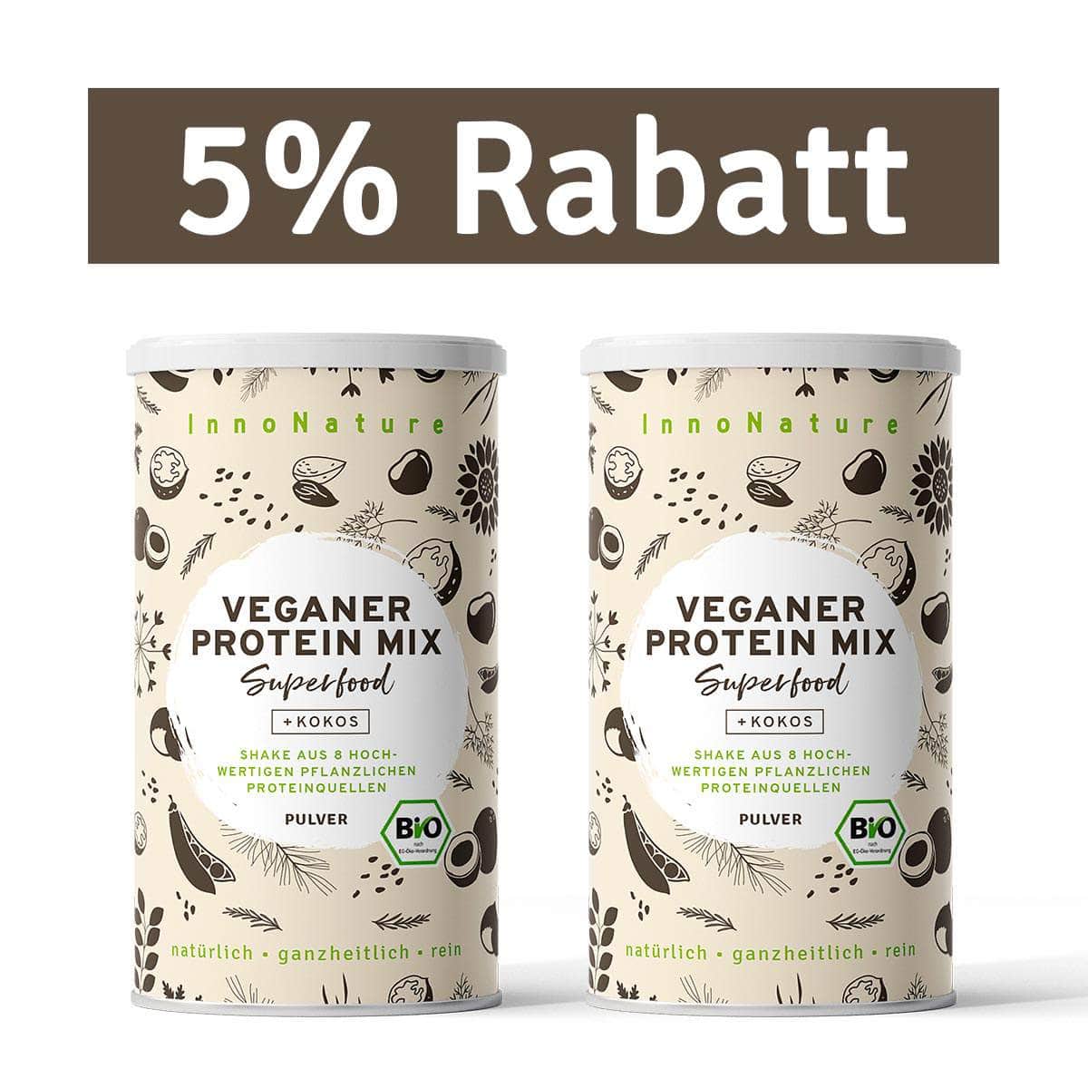 InnoNature Pulver 66 Portionen (2x 500g) Bio Veganer Protein Mix Superfood Shake: Erbse, Reis, Kürbis, Mandel, Chiasamen