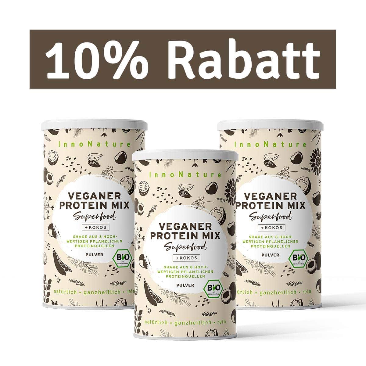 InnoNature Pulver 99 Portionen (3x 500g) Bio Veganer Protein Mix Superfood Shake: Erbse, Reis, Kürbis, Mandel, Chiasamen